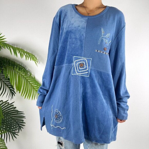 Vintage 90s Blue Embroidered Patchwork Bohemian Oversized Long Sleeve Top / XL - Picture 3 of 8